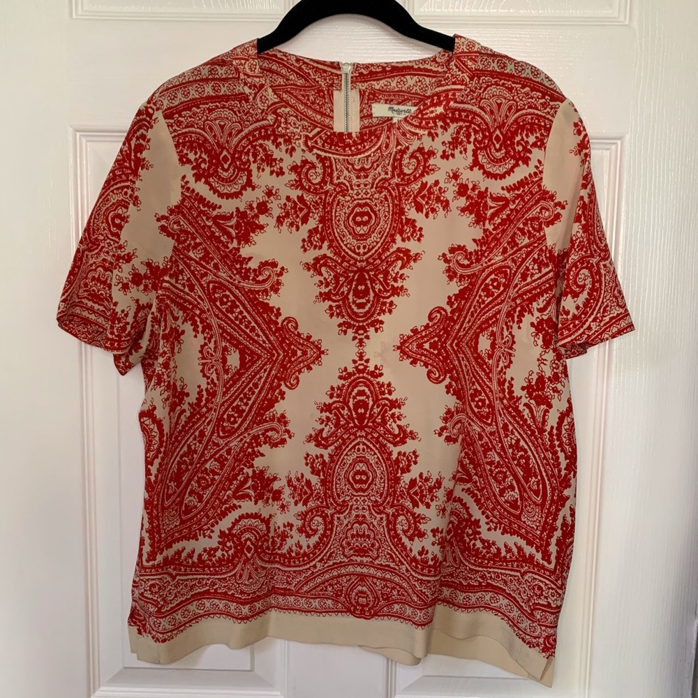 Madewell Red and Cream Paisley Print Short Sleeve Blouse